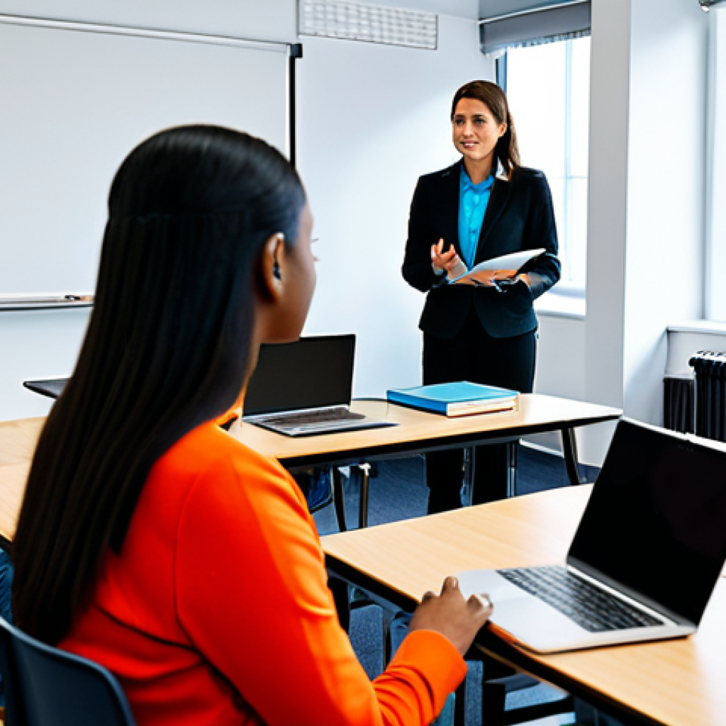 A diverse group of young professional teachers-in-training, fully clothed in modest business casual attire, engaged in a simulated micro-class within a bright, modern university classroom. One trainee is at the front, leading a small group of peers acting as students, while others are observing attentively with laptops open, perhaps showing video analysis software on screens. The atmosphere is collaborative, focused, and reflective. Perfect anatomy, correct proportions, natural poses, well-formed hands, proper finger count, natural body proportions, professional photography, high quality, safe for work, appropriate content, fully clothed, professional dress, modest.