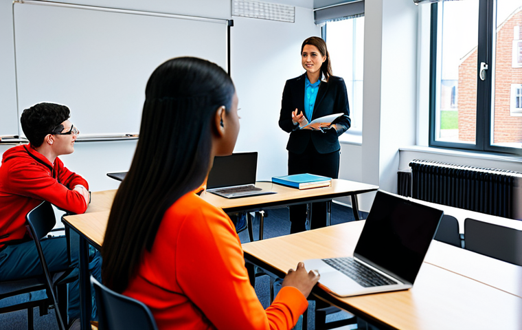 A diverse group of young professional teachers-in-training, fully clothed in modest business casual attire, engaged in a simulated micro-class within a bright, modern university classroom. One trainee is at the front, leading a small group of peers acting as students, while others are observing attentively with laptops open, perhaps showing video analysis software on screens. The atmosphere is collaborative, focused, and reflective. Perfect anatomy, correct proportions, natural poses, well-formed hands, proper finger count, natural body proportions, professional photography, high quality, safe for work, appropriate content, fully clothed, professional dress, modest.