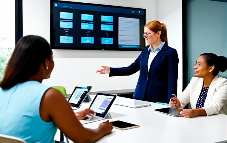 A diverse group of professional adult educators, fully clothed, modest clothing, appropriate attire, engaged in a collaborative workshop. They are actively participating, discussing, and interacting with modern educational technology, including a large touch screen display showing data or ideas, in a bright, contemporary professional development center. Some individuals are using tablets or laptops. The atmosphere is collaborative and innovative, emphasizing continuous learning and digital literacy. professional photography, high resolution, realistic, perfect anatomy, correct proportions, natural pose, well-formed hands, proper finger count, natural body proportions, safe for work, appropriate content, family-friendly, professional dress.