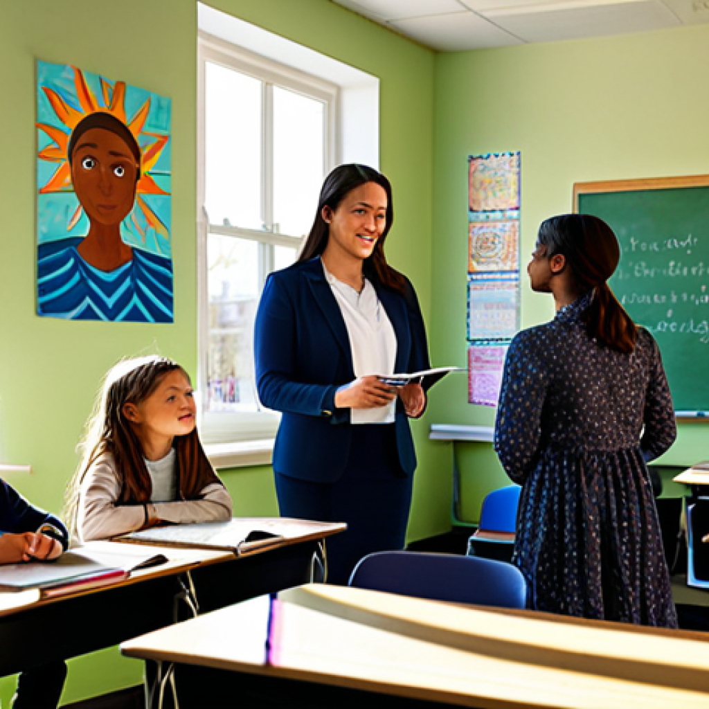 **
A teacher, fully clothed in modest attire, standing in a vibrant classroom filled with engaged students working on a project. Sunlight streams through the windows, illuminating the scene. The classroom is decorated with colorful artwork and inspiring quotes. Perfect anatomy, correct proportions, natural pose, well-formed hands, safe for work, appropriate content, professional, family-friendly, high quality, detailed.
**