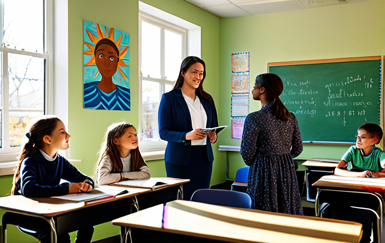 **

A teacher, fully clothed in modest attire, standing in a vibrant classroom filled with engaged students working on a project. Sunlight streams through the windows, illuminating the scene. The classroom is decorated with colorful artwork and inspiring quotes. Perfect anatomy, correct proportions, natural pose, well-formed hands, safe for work, appropriate content, professional, family-friendly, high quality, detailed.

**