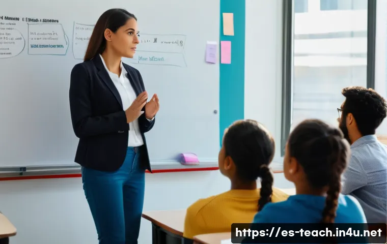 교사 법적 권리와 의무 - A professional Spanish school classroom scene showing a confident female teacher in business casual ...