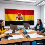 교사 온라인 강의 준비 방법 - A vibrant online classroom scene featuring a diverse group of Spanish-speaking students actively eng...