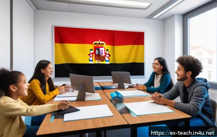 교사 온라인 강의 준비 방법 - A vibrant online classroom scene featuring a diverse group of Spanish-speaking students actively eng...
