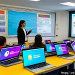 교사 업무 사례 공유 - A modern classroom scene in Spain featuring a diverse group of secondary school students actively en...