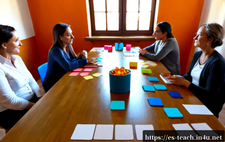 교사 학부모 교육 프로그램 설계 - Photorealistic community school workshop in Madrid, Spain, a diverse group of teachers and parents c...