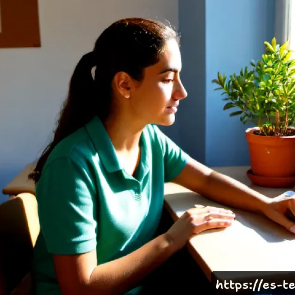 교사 업무 스트레스 관리법 - Photorealistic Spanish secondary school teacher practicing stress management during a quiet break, s...