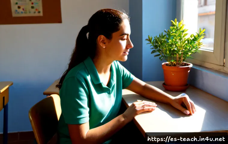 교사 업무 스트레스 관리법 - Photorealistic Spanish secondary school teacher practicing stress management during a quiet break, s...