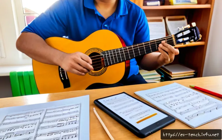 Home 17 교사 음악 수업 준비 방법 - Photorealistic Spanish primary school music teacher preparing an engaging lesson at a bright wooden ...