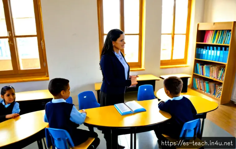 Home 17 교사 교실 관리 기술 - Photorealistic Spanish primary school classroom, confident teacher calmly standing near a semicircle...