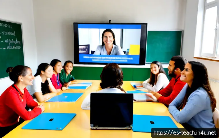 교사 국제 교육 프로그램 참여법 - Photorealistic Spanish-speaking school teacher in a bright modern classroom in Madrid, warmly joinin...