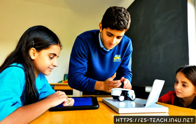 교사 미래 직업 교육 사례 - Photorealistic Spanish secondary school classroom, caring teacher guiding a diverse group of teenage...